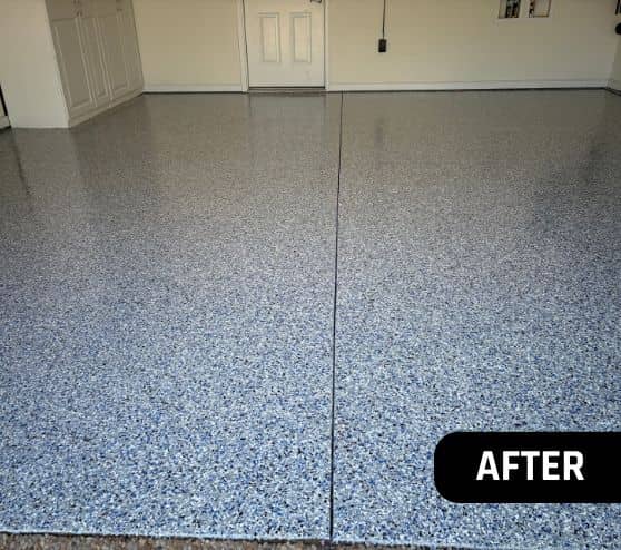 after portrait of homeowner garage with comet epoxy flake flooring