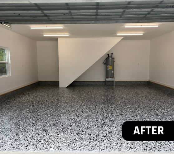 after portrait of homeowner garage with tuxedo epoxy flake flooring for homeowner