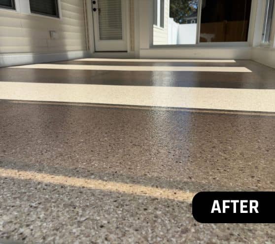 after portrait of homeowner patio with Tiki Brown epoxy flake flooring