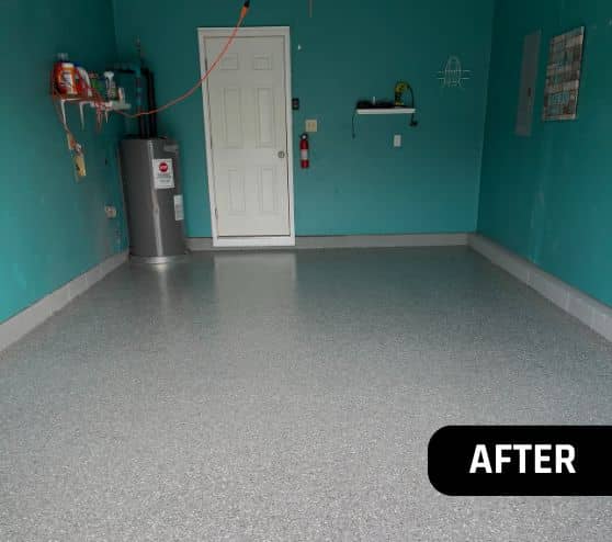 after portrait of Smoke Epoxy Flake Flooring installed for homeowner garage