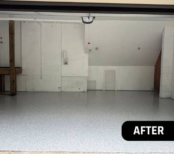 after portrait of homeowner garage with tidal wave epoxy flake flooring
