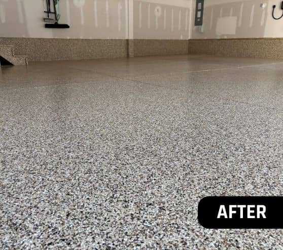 close-up of Cappuccino epoxy flake flooring installed for homeowner
