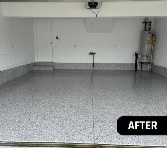 after portrait of homeowner garage with new grey epoxy flake flooring installed