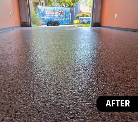 after portrait of homeowner garage with new epoxy flake flooring