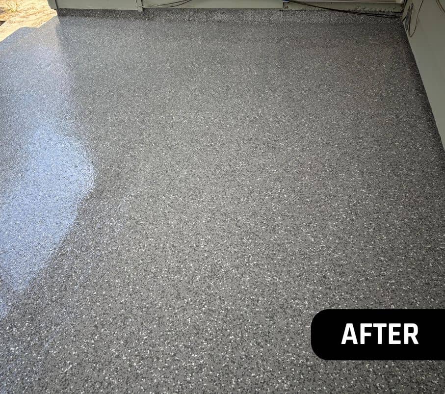 after portrait of homeowner carport with new epoxy flake flooring installed close-up