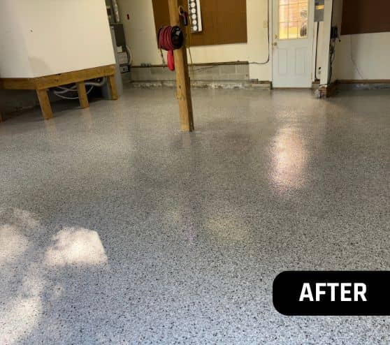 front view of homeowner garage with new dakota grey epoxy flake flooring