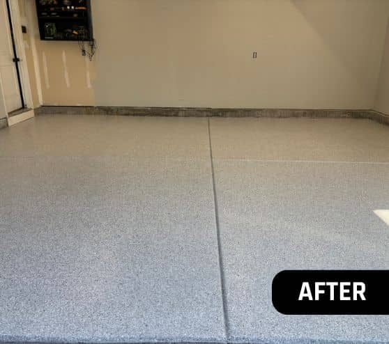 after portrait of homeowner garage with Schist Epoxy Flake Flooring