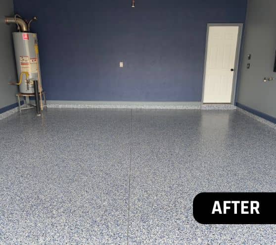 after portrait of homeowner garage with Orbit Epoxy Flake Flooring installed