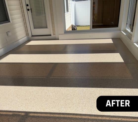 after portrait of homeowner patio with new Tiki Brown epoxy flake flooring