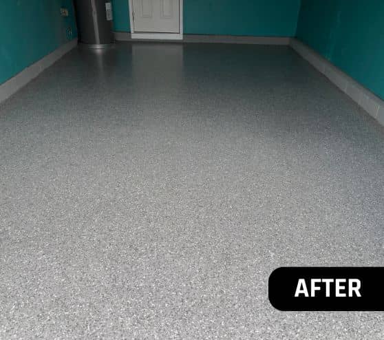after portrait of Smoke Epoxy Flake Flooring installed for one car garage