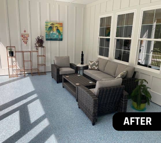 after portrait of homeowner porch with new blue epoxy installed