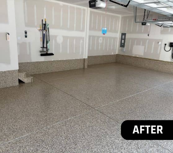after portrait of homeowner garage with new Cappuccino epxoy flake flooring