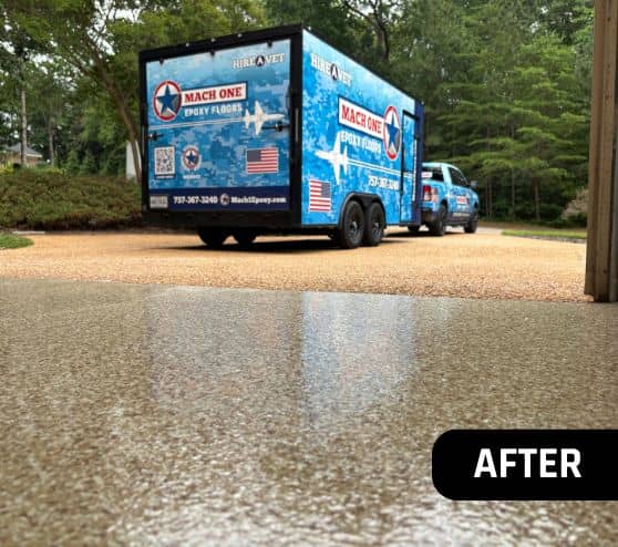 after portrait of homeowner two car garage with new medium tan epoxy flake flooring