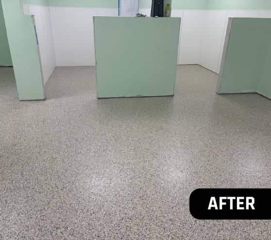 after portrait of Lucky Pups Pet Wash with new epoxy flake flooring installed