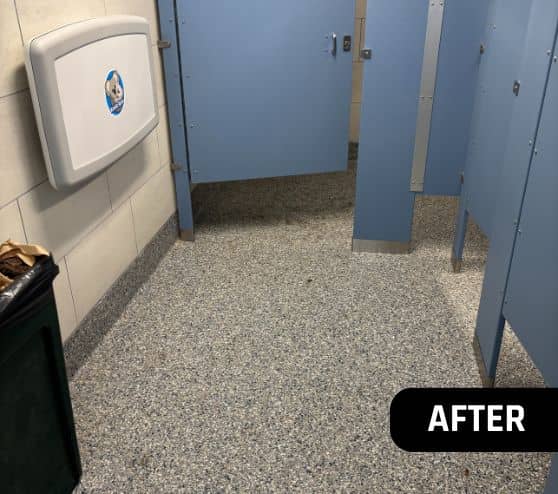 womens bathroom with new epoxy flake flooring