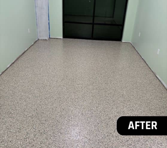 hunter flake epoxy flooring installed for Lucky Pups Pet Wash after portrait