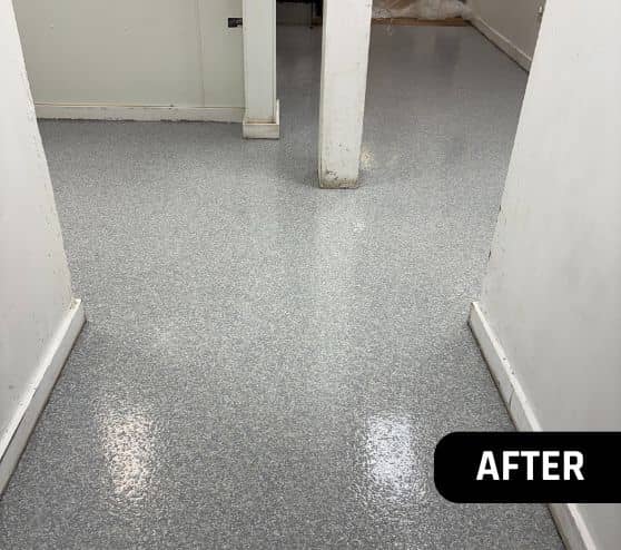 Coastal Blue Epoxy Flake Flooring installed for steamers kitchen