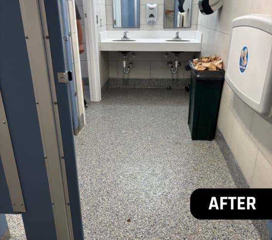 after portrait of First Landing State Park Bathroom with epoxy flake flooring