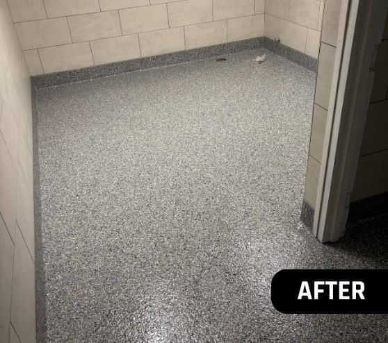 after portrait of First Landing State Park Bathroom epoxy flake flooring
