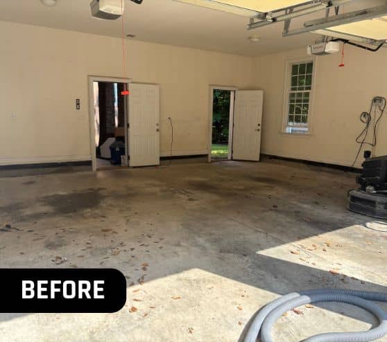 before portrait of homeowner two car garage with old concrete flooring