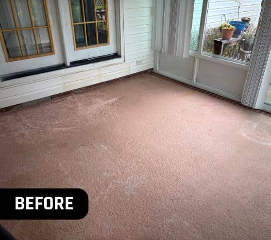 before portrait of homeowner back porch before new flooring installed