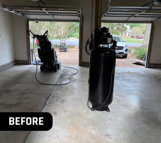 before portrait of homeowner garage with old concrete flooring