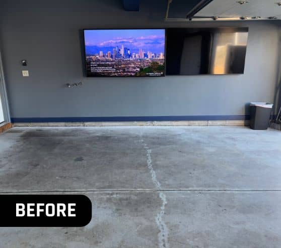 before portrait of homeowner garage with old concrete flooring