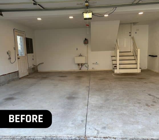 before portrait of homeowner garage before new flooring installed