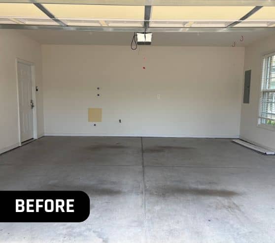 before portrait of homeowner garage with old concrete flooring