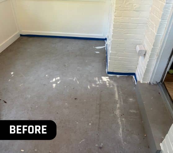 before portrait of homeowner enclosed patio with old concrete flooring