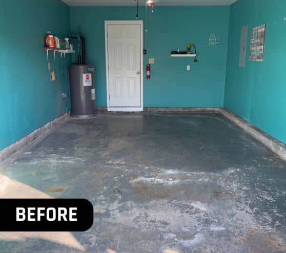 homeowner one car garage with old beat up concrete flooring