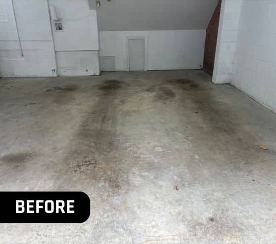 before portrait of homeowner garage with old concrete flooring