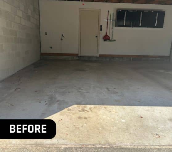 before portrait of homeowner garage with old concrete flooring
