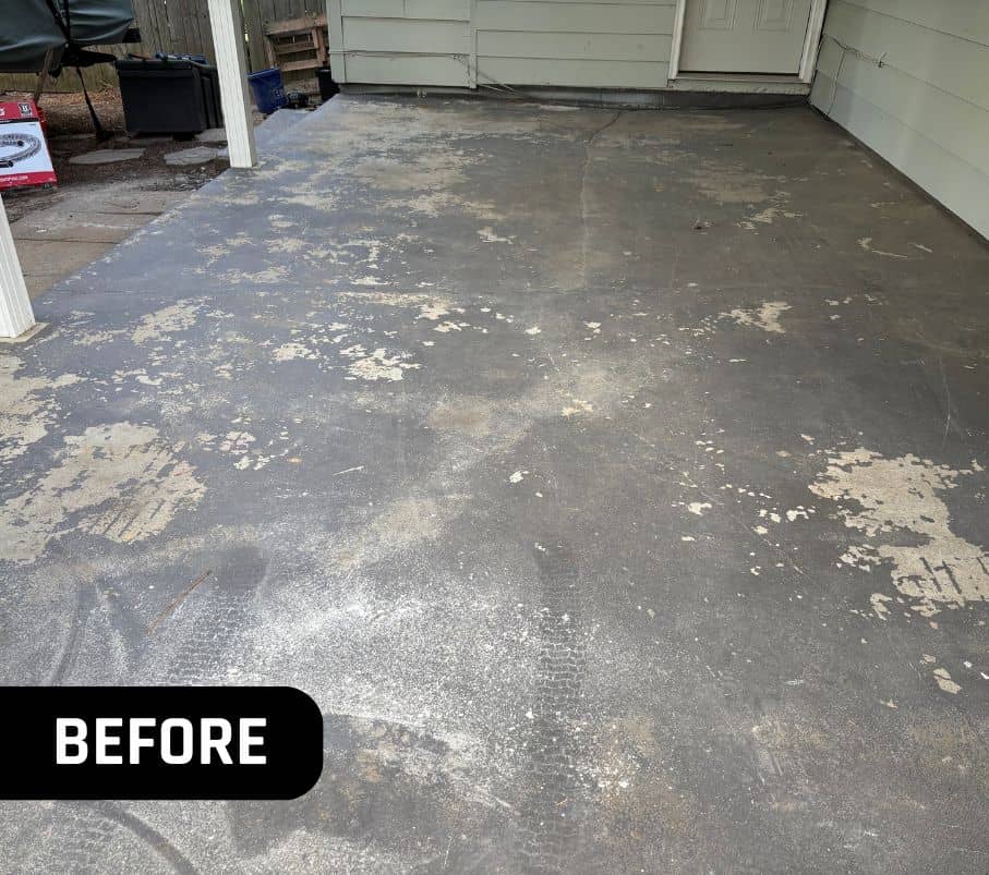 before portrait of homeowner carport with old flooring