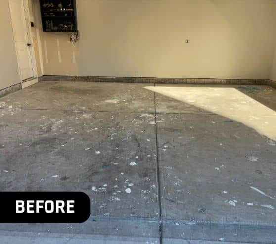 front view of homeowner garage with old flooring