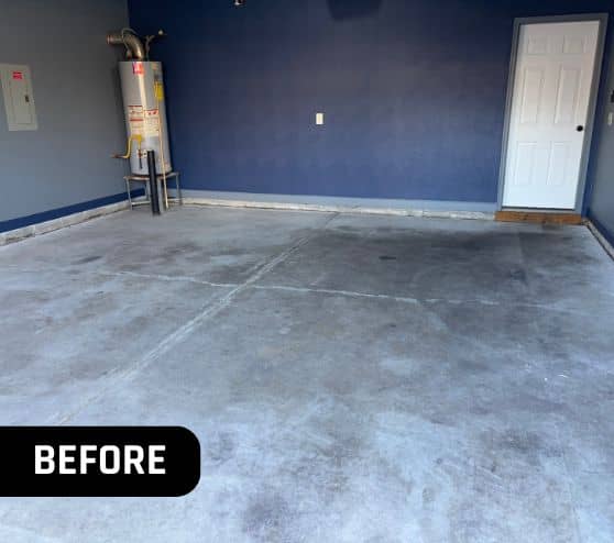front view of old concrete flooring in homeowner garage