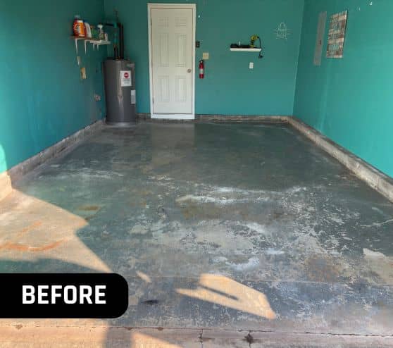 before portrait of homeowner garage with old stained concrete flooring