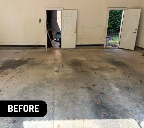 front view of homeowner garage with old flooring installed