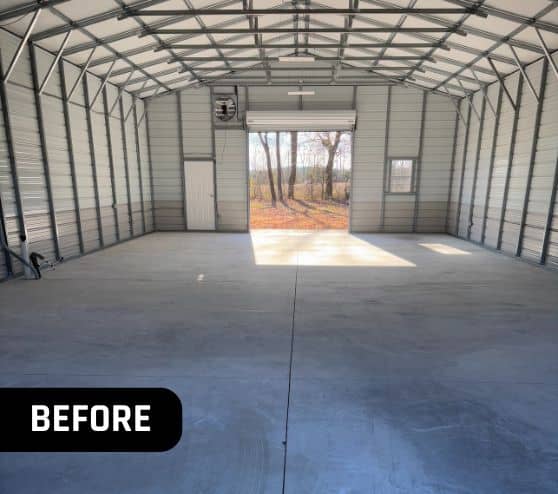 homeowners garage before portrait with old flooring installed