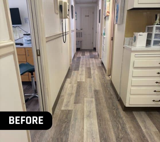 before portrait of Morrison Dental Group hallway with old flooring installed