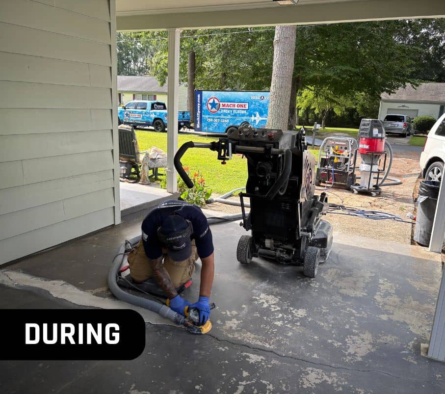 MACH ONE® employee installing new flooring for homeowner carport