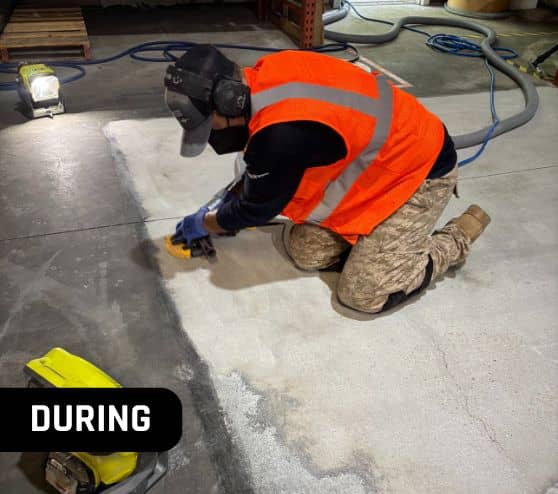 MACH ONE® employee installing new solid epoxy flooring for business