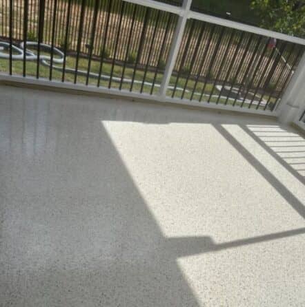 homeowner patio with new plateau epoxy flake flooring installed