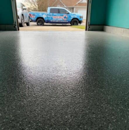 homeowner one car garage with new Smoke Epoxy Flake Flooring