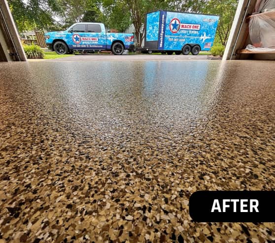 After Cappuccino Epoxy Flake Flooring Service for Homeowner in Suffolk, VA