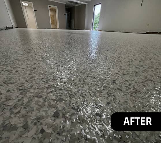 After Epoxy Flake Flooring Repair for Greater Emmanuel Church in Newport News, VA