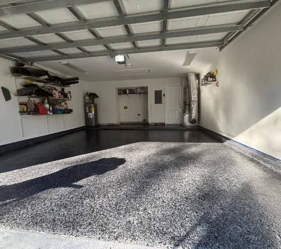 fernando garage with new epoxy flake flooring