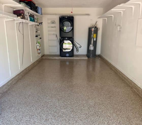 homeowner garage with new epoxy flooring installed
