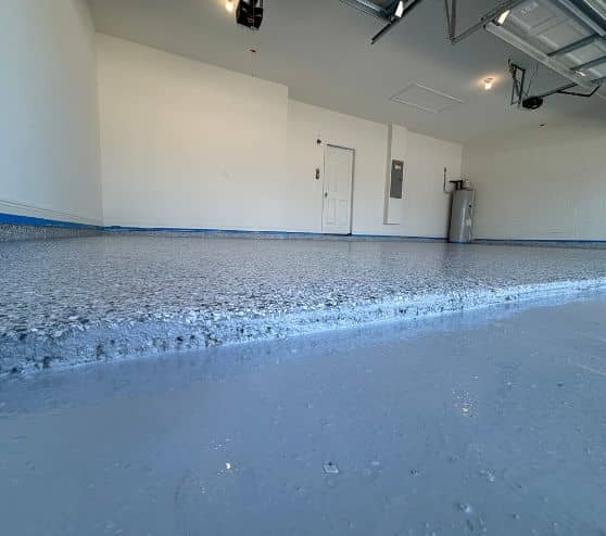 close-up of new epoxy flake flooring for steve garage