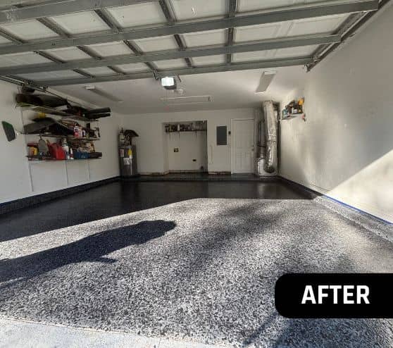 after portrait of fernando garage with new epoxy flake flooring